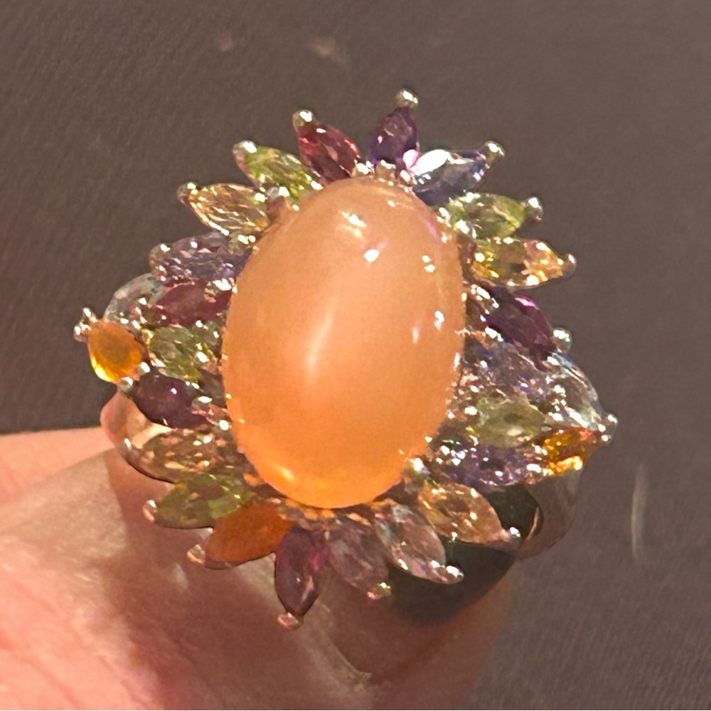 Peach Moonstone w/ Halo of Multi-Gemstones in Platinum/Sterling Silver 8.70ctw
